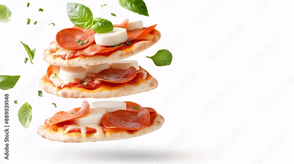 A deconstructed pizza with layers of crust, tomato sauce, mozzarella cheese, pepperoni, and basil leaves A deconstructed pizza with layers of crust, tomato sauce, mozzarella cheese, pepperoni, and basil leaves