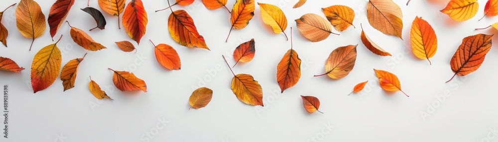 A white background with a lot of orange leaves scattered around it. The leaves are falling from the trees and creating a sense of autumn A white background with a lot of orange leaves scattered around it. The leaves are falling from the trees and creating a sense of autumn