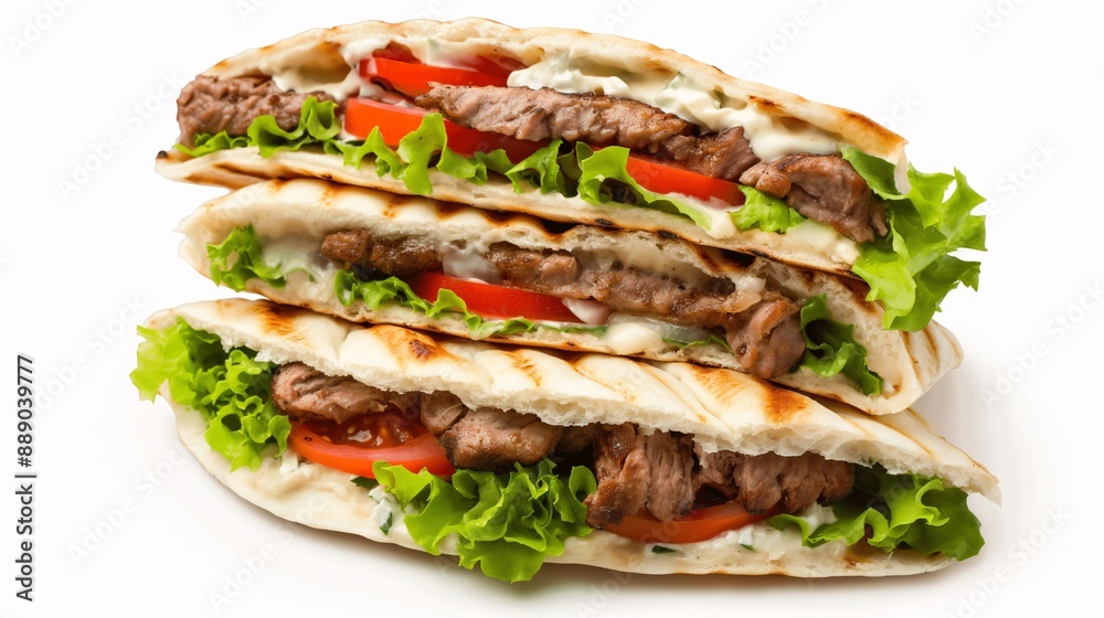 A deconstructed kebab with layers of pita bread, grilled meat, lettuce, tomatoes, and garlic sauce A deconstructed kebab with layers of pita bread, grilled meat, lettuce, tomatoes, and garlic sauce
