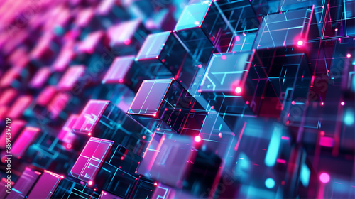 Abstract technology banner with crystal cube cells wall, transparent structure. Digital wallpaper and banner.