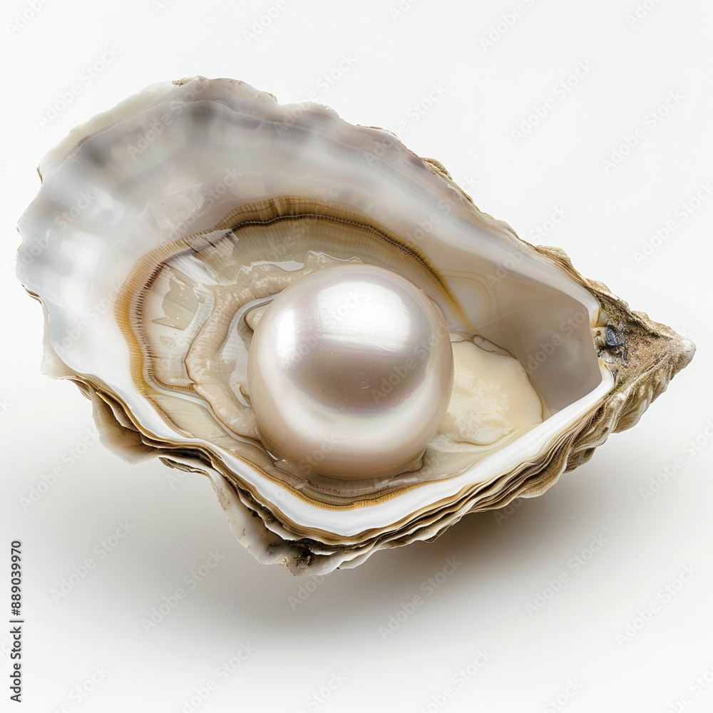 Un grosse perle blanche dans une coquille d'huître perlière sur fond blanc Un grosse perle blanche dans une coquille d'huître perlière sur fond blanc