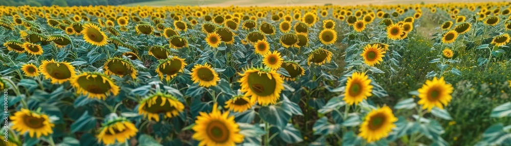 Fototapeta premium A field of sunflowers is in full bloom. The sunflowers are tall and yellow, and they are spread out across the field. The sky is clear and blue, and the sun is shining brightly. The scene is peaceful
