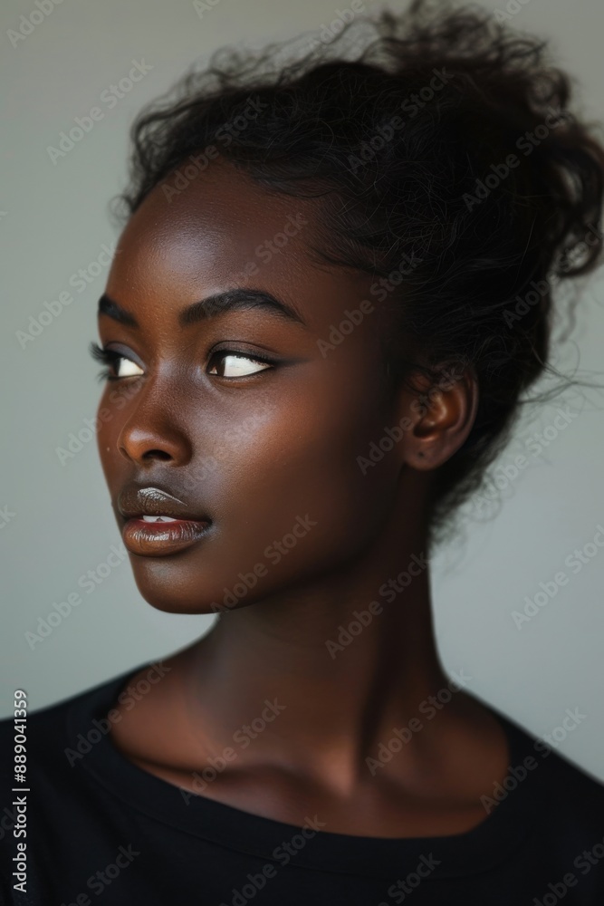 Profile portrait of a woman with smooth dark skin and natural hair. Profile portrait of a woman with smooth dark skin and natural hair.