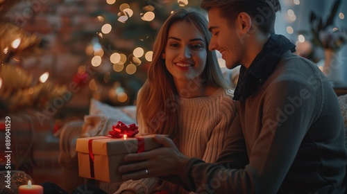 Two people exchanging a festive gift box against the backdrop of a warmly lit Christmas tree.