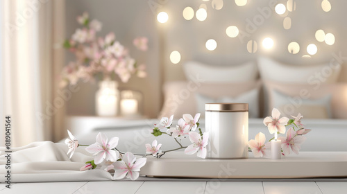 Elegant jar of overnight collagen mask on a bedside table, surrounded by candles, flowers, and silk linens. Cozy bedroom softly lit with warm light creates a relaxing nighttime atmosphere photo