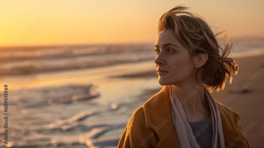 A serene moment captured on a beach at sunset, where a woman stands with the wind gently blowing through her hair, and the peaceful ocean in the background A serene moment captured on a beach at sunset, where a woman stands with the wind gently blowing through her hair, and the peaceful ocean in the background