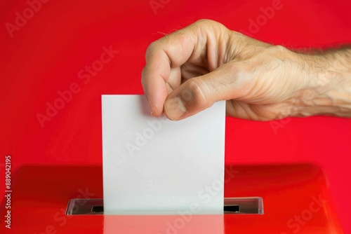 Hand holding ballot paper for election vote concept at red background. photo