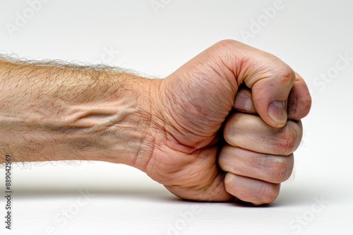 People power protest concept. Male fist in the air isolated on white background.