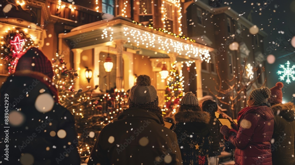 A group of people singing Christmas carols in front of decorated houses, spreading holiday cheer A group of people singing Christmas carols in front of decorated houses, spreading holiday cheer