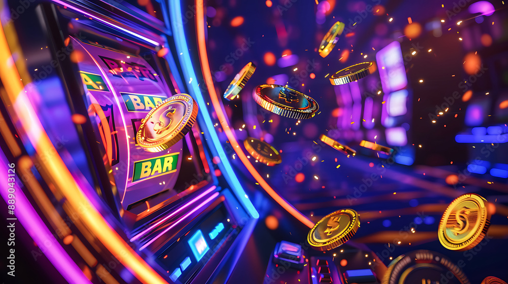 A dynamic image of a slot machine surrounded by gold coins and illuminated by blue neon lights. The scene captures the excitement and energy of a casino environment, highlighting the potential for big A dynamic image of a slot machine surrounded by gold coins and illuminated by blue neon lights. The scene captures the excitement and energy of a casino environment, highlighting the potential for big
