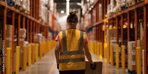 Young mixed race male worker wearing helmet lifting cardboard box in warehouse, machinery and Logistics concept. photo