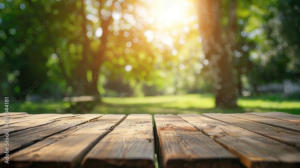 Generative AI : Wooden desk for product on nature landscape Generative AI : Wooden desk for product on nature landscape