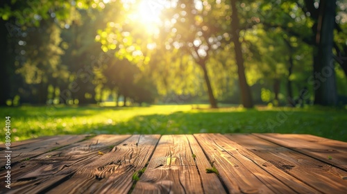 Generative AI : Wooden desk for product on nature landscape