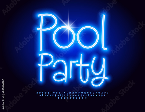 Vector neon invitation Pool Party. Bright Glowing Font. Electric Blue Alphabet Letters and Numbers set.