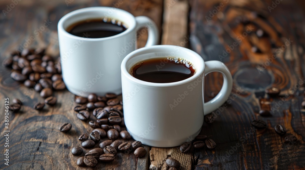 Brewed coffee in white mugs on wood surfaces with coffee beans Brewed coffee in white mugs on wood surfaces with coffee beans