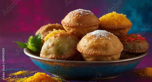 Assorted Indian Holi festival food like samosa, kachori, Puri bhaji, Pav Bhaji, Laddo, Sweets, Dahi vada, puranpoli, gujiya, gulab jamun with colorful background and colors with copy space. photo