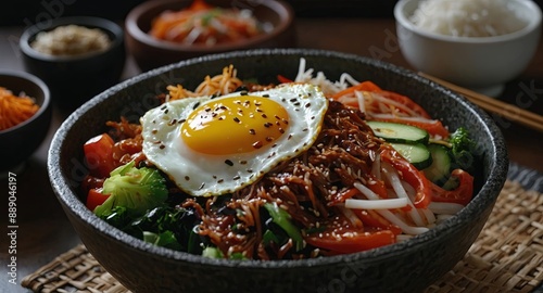 Korean spicy salad with rice - traditionally Korean food, Bibimbap. photo