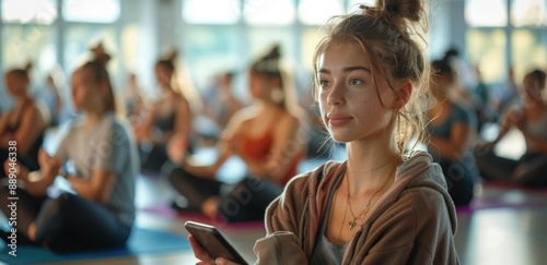 Young Woman Using Smartphone During Yoga Class in Modern Studio