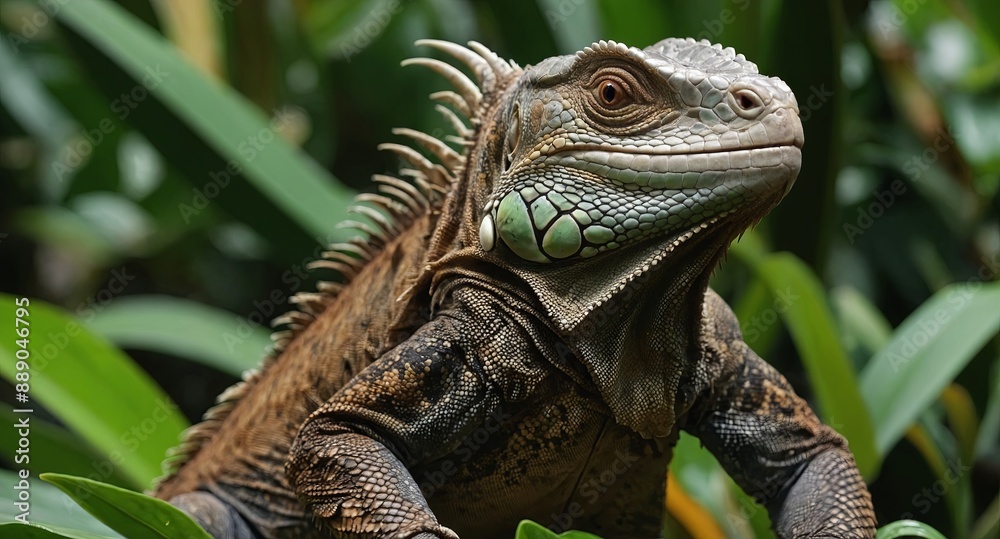 Obraz premium brown iguana eating plants with green plants behind costa rica.
