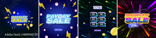 Flashing Payday Sale Typographic banner design. Electronic neon design, with lightning and thunderbolt icons, explosion of coins, and light laser beams. Payday Sale coupon voucher template. Vector.
