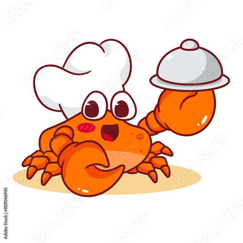 Cute Crab Chef Cartoon Vector Illustration. Adorable Kawaii Animal Character Icon Mascot Concept Design. Isolated White Background.