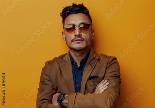 Man With Sunglasses and Brown Jacket Posing in Front of a Yellow Wall