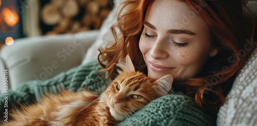 Woman Napping With Cat Near Fireplace