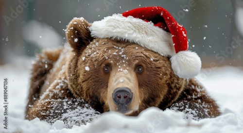 Brown Bear Wearing Santa Hat In Snow During Winter