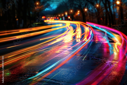 Colorful streaks of light from cars on a wet city road at night. photo