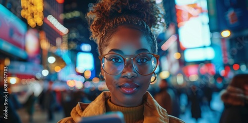 Woman Using Smartphone on City Street at Night