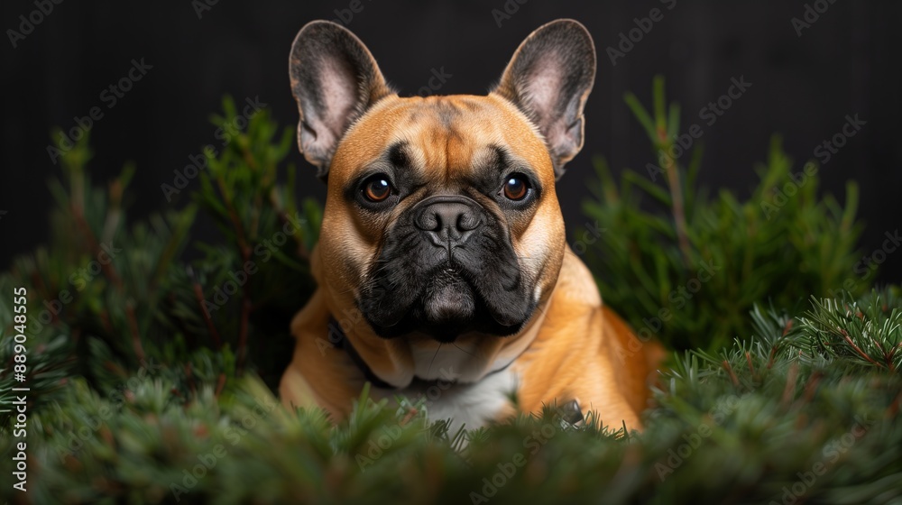 Tan French Bulldog Surrounded by Green Foliage Tan French Bulldog Surrounded by Green Foliage