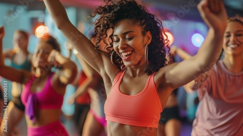 A group of people doing a Zumba class, dancing energetically to upbeat Latin music