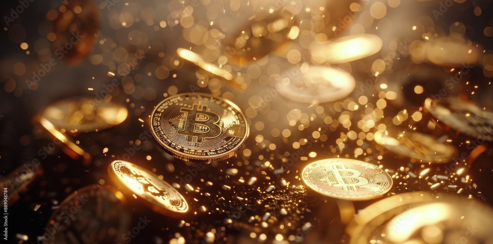 Golden Bitcoin Coins Scattered on Black Surface With Sparkling Lights