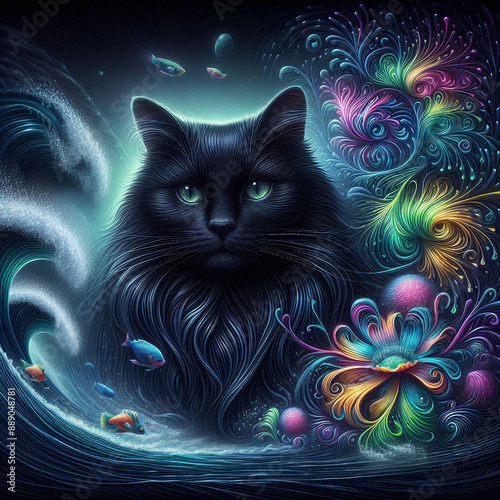 A fantastic, beautiful, cool black cat dreams in the sea among many fish and different sea flowers.  Fantasy. Fairy tale. Dreams. A fabulous dream of a cat among beautiful fish.
