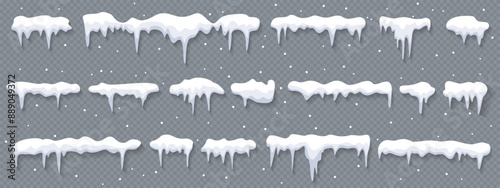 Snow caps, snowballs and snowdrifts set. Winter decor element. Snow elements on winter background. Vector collection of snow hats. Snowfall and snowflakes in motion. Illustration.