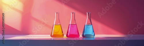 Four Glass Flasks Filled With Colorful Liquids Against Pink Background