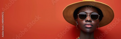 Woman Wearing Sunglasses and a Hat in Front of a Red Wall