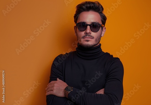 Man Wearing Orange Sunglasses and Turtleneck in Front of Orange Background