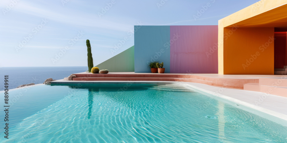 Fototapeta premium Modern Villa With Infinity Pool Overlooking the Ocean on a Sunny Day Cactus Colorful