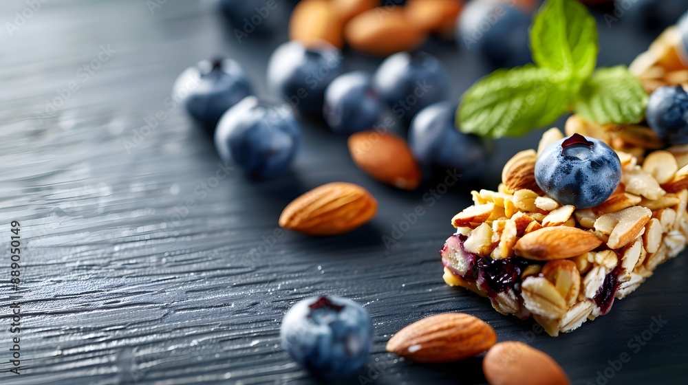 Vibrant Snack Bar Loaded with Fresh Blueberries and Almonds, Healthy and Delicious Option for Snacking Vibrant Snack Bar Loaded with Fresh Blueberries and Almonds, Healthy and Delicious Option for Snacking