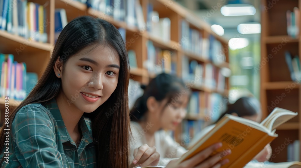 Thai students sitting together in a library, reading books, collaborative study session, quiet and studious atmosphere Thai students sitting together in a library, reading books, collaborative study session, quiet and studious atmosphere