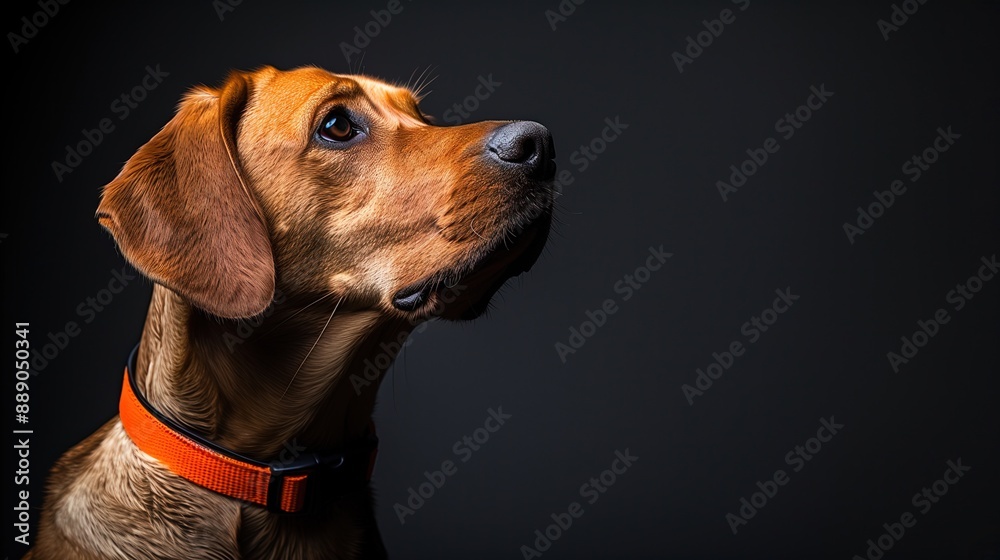 Brown dog with orange collar, looking up, dark background, space for copy text Brown dog with orange collar, looking up, dark background, space for copy text