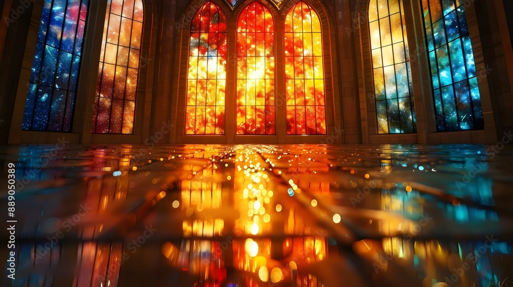 A colorful stained glass window with a yellow and red sun in the center A colorful stained glass window with a yellow and red sun in the center