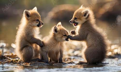 Adorable Wildlife Moment: Playful baby animals in their natural habitat, soft focus, heartwarming, documentary style, nature photography, timeless appeal.