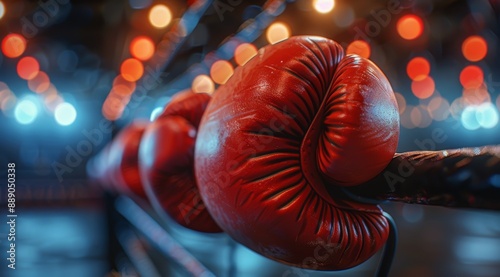 Red Boxing Gloves Hanging on a Ring Rope in a Stadium
