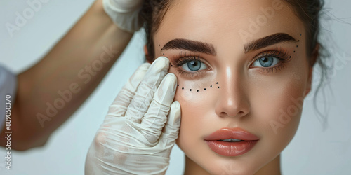 cosmetology beauty salon banner with copy space, woman's face with lines, face surgery, doctor's hands photo