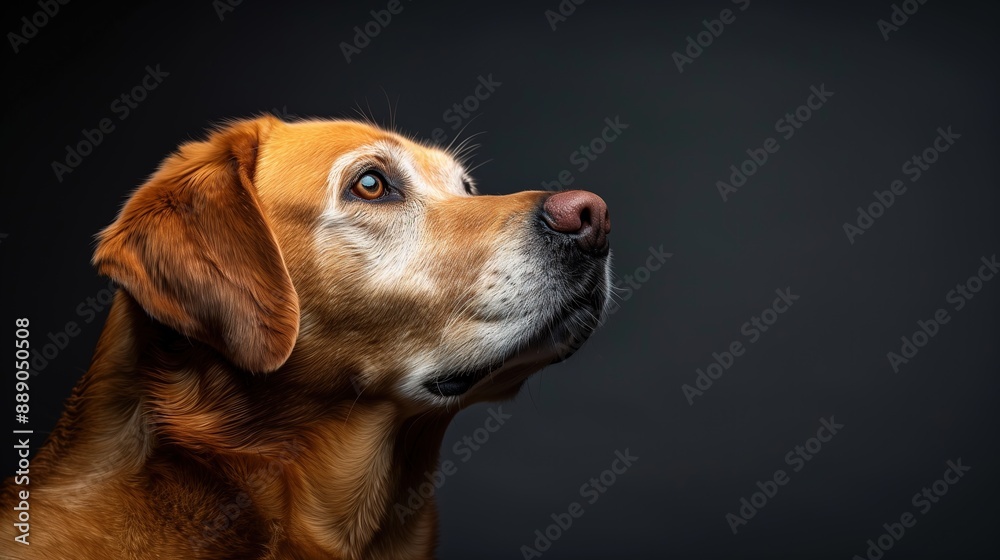 Golden dog looking up with curious expression, dark background