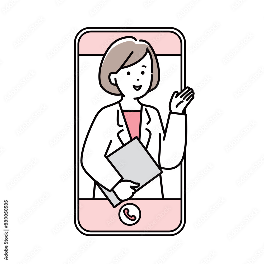 スマホでオンライン診療案内をする女医のイラスト素材 スマホでオンライン診療案内をする女医のイラスト素材