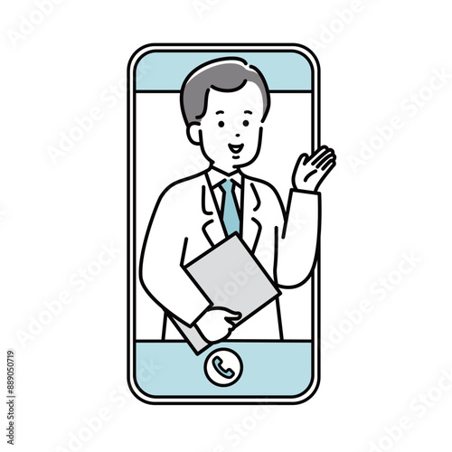スマホでオンライン診療案内をする医者のイラスト素材