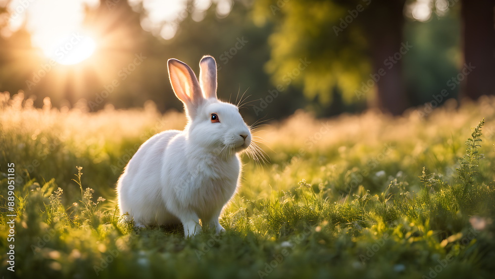 White rabbit in meadow left composed. Easter decorative scene adorned sunrise and sparkle bokeh light on background White rabbit in meadow left composed. Easter decorative scene adorned sunrise and sparkle bokeh light on background